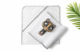 3 Pc Newborn Essential Set - Hooded Towel, Swaddle + Toy Rattle